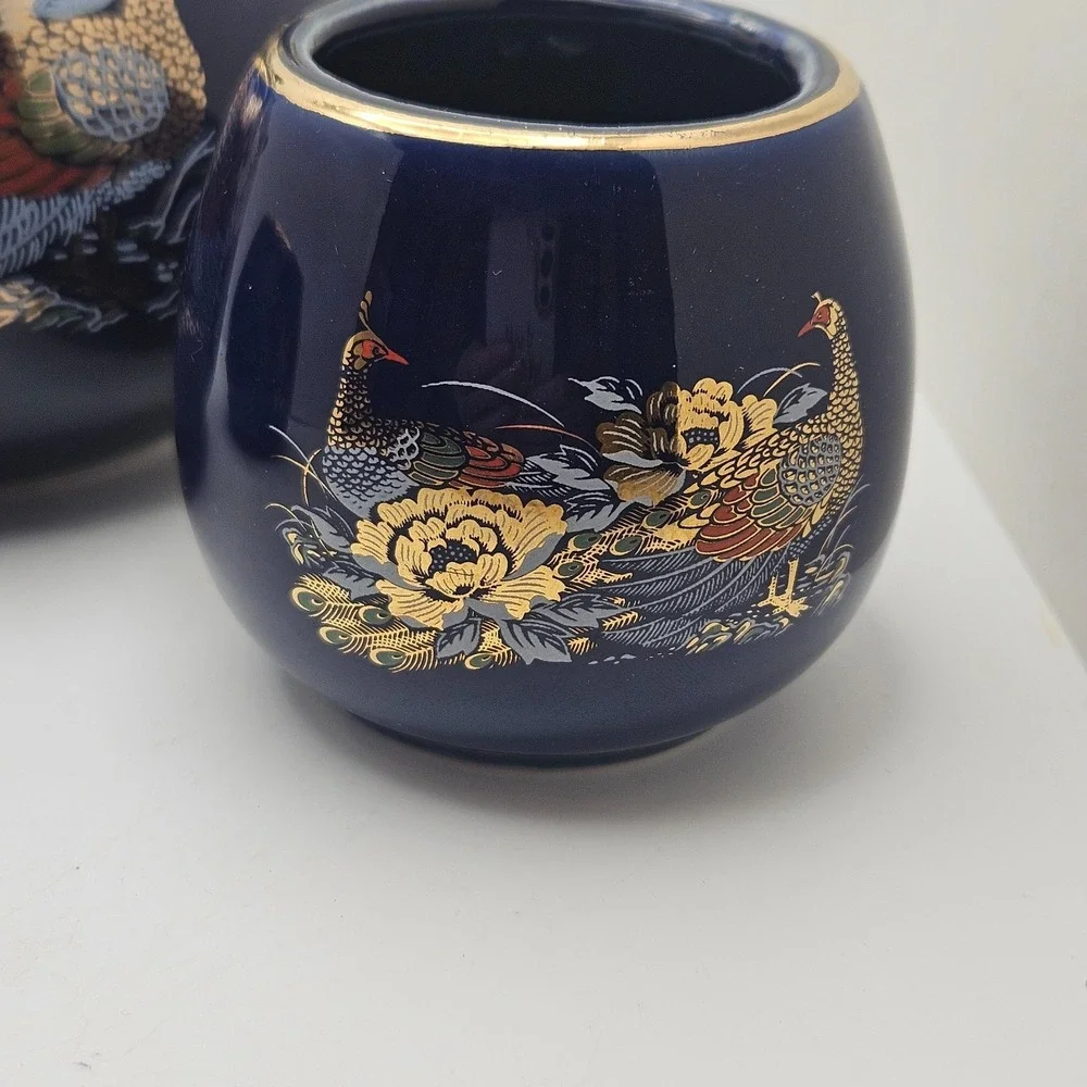 Vintage Cobalt Blue Peacock Tea Set Teapot & 2 Cups Gold Floral